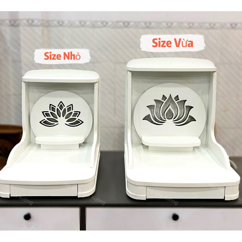 ( Có Đèn Led Sẵn  ) BÀN THỜ THẦN TÀI THỔ ĐỊA HOA SEN XOÈ MÀU TRẮNG ( Chưa bao gồm: Tượng - Lư Hương )