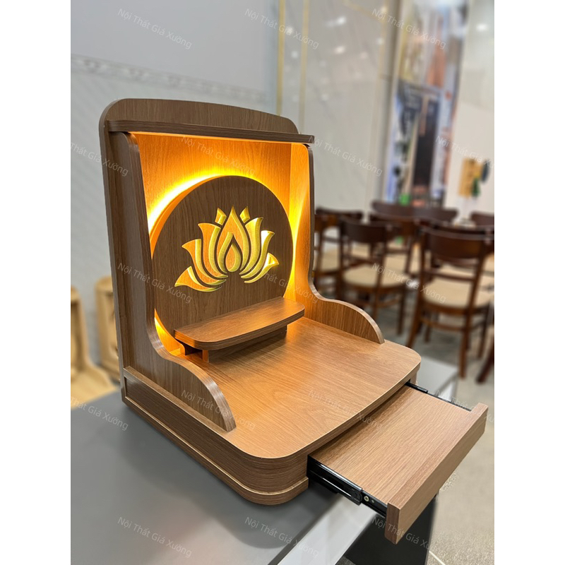 ( Có Đèn Led Sẵn ) BÀN THỜ THẦN TÀI THỔ ĐỊA HOA SEN XOÈ MÀU NÂU