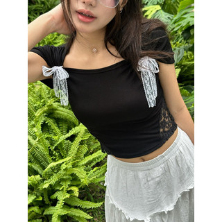 [HÀNG MỚI VỀ] Áo thun nữ body phối ren '' Ribbon Tee"  Coquette co giãn-KrakenDrk