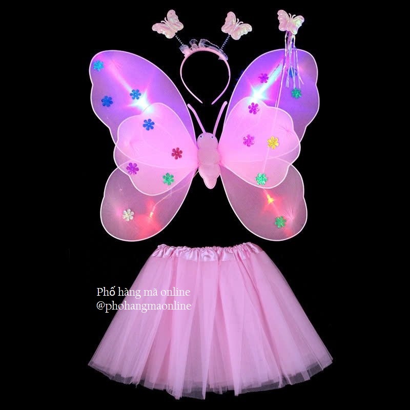 Bộ đồ chơi cánh bướm kèm váy, gậy hóa ttrang Halloween cho bé CÓ ĐÈN LED PHÁT SÁNG