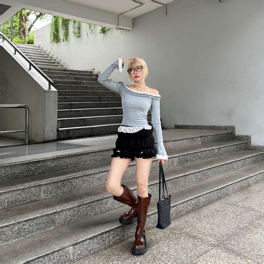 [MUA 1 ĐƯỢC 3 ]  Áo body nữ kiểu Trễ vai Tay Loe MINA Phong cách Coquette FFCLUB mix