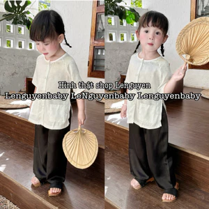 Bộ bà ba cho bé gái, mặc đi chơi Trung Thu, Lễ Tết, họa tiết hoa gấm, mềm mại.