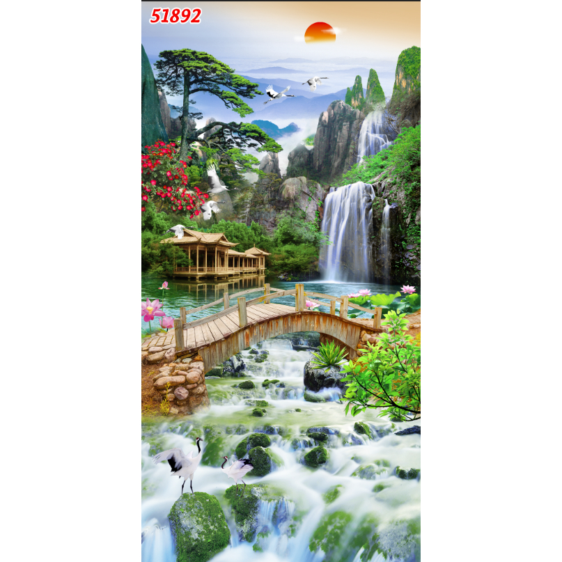 Tranh Phong Cảnh Thác Nước Thiên Nhiên in vải lụa kim sa dày dặn đẹp mắt