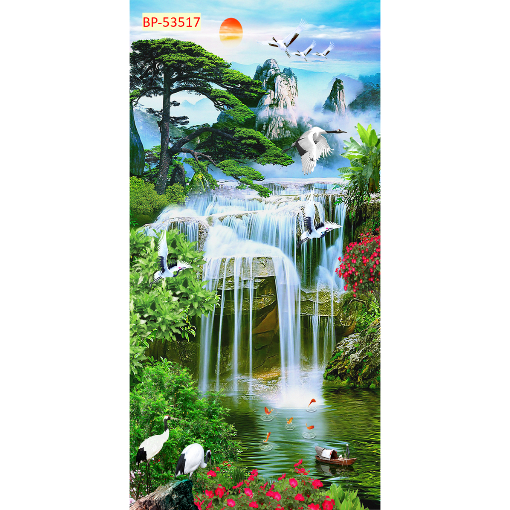 Tranh Phong Cảnh Thác Nước Thiên Nhiên in vải lụa kim sa dày dặn đẹp mắt