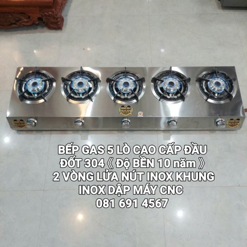 Bếp gas 5 lò dài cao cấp 《 loại 1 》 đầu đốt 304 , 2 vòng lửa inox inox ...