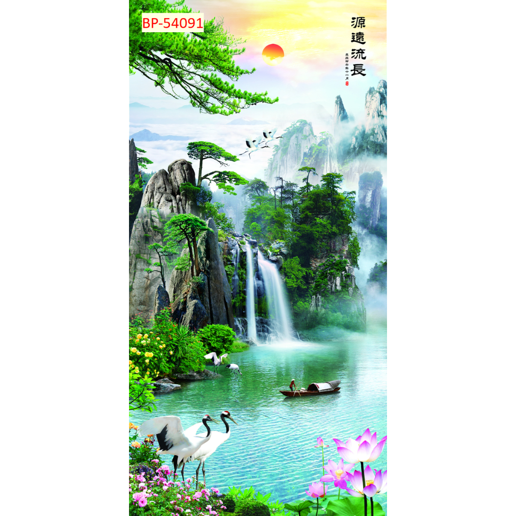 ATranh lụa kim sa 3D dán tường cao cấp thác nước, sông hồ, đàn cá...