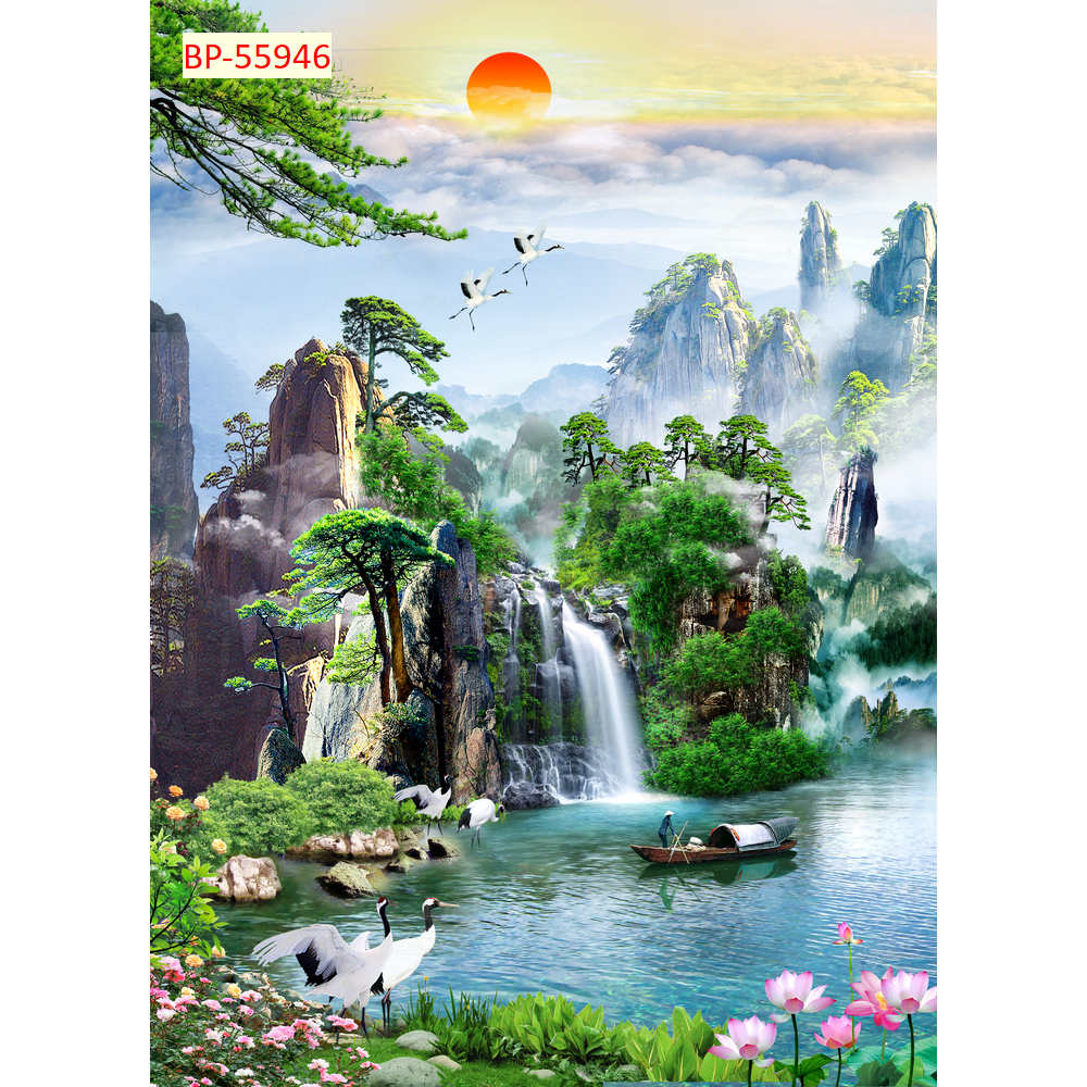 ATranh lụa kim sa 3D dán tường cao cấp thác nước, sông hồ, đàn cá...