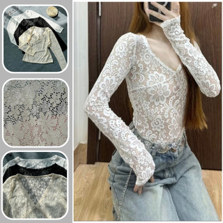 Áo thun lới ren bigsize nữ tay dài cổ chữ v xinh xắn cá tính chất liệu co giãn mặc mát A243