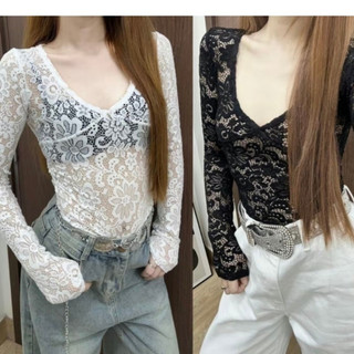 Áo thun lới ren bigsize nữ tay dài cổ chữ v xinh xắn cá tính chất liệu co giãn mặc mát A243
