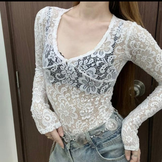 Áo thun lới ren bigsize nữ tay dài cổ chữ v xinh xắn cá tính chất liệu co giãn mặc mát A243
