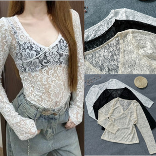 Áo thun lới ren bigsize nữ tay dài cổ chữ v xinh xắn cá tính chất liệu co giãn mặc mát A243