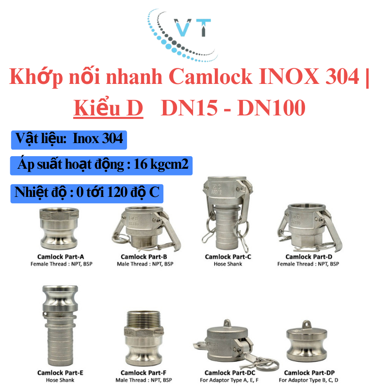 Khớp nối nhanh Camlock INOX 304 | Kiểu D | DN15-DN32