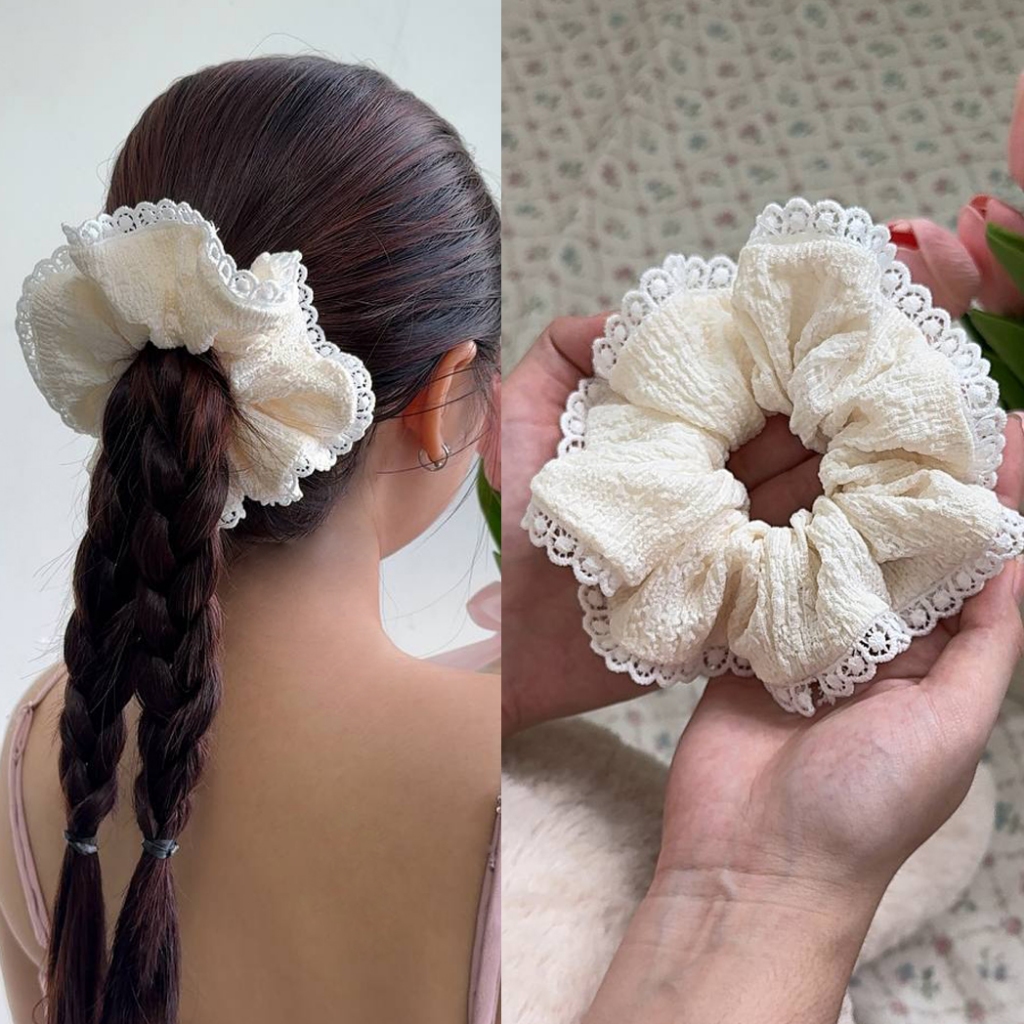 Set Combo HỘP 5 Scrunchies Dây Cột Tóc Vải Xốp Phối Ren Dễ Thương - Tặng hộp ruy băng