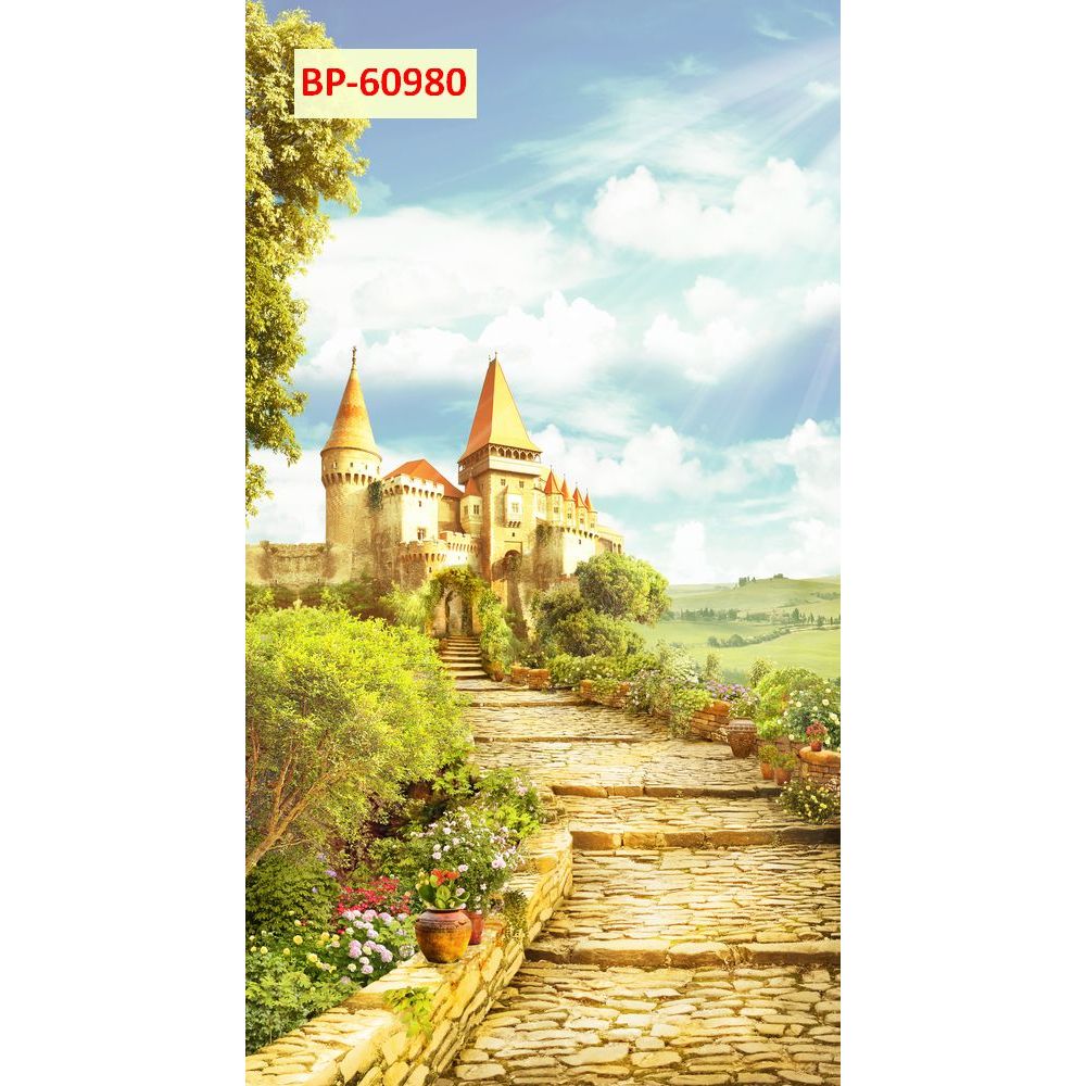 Tranh dán tường lụa kim sa 3D cao cấp hàng cây con đường mùa thu lãng mạn....