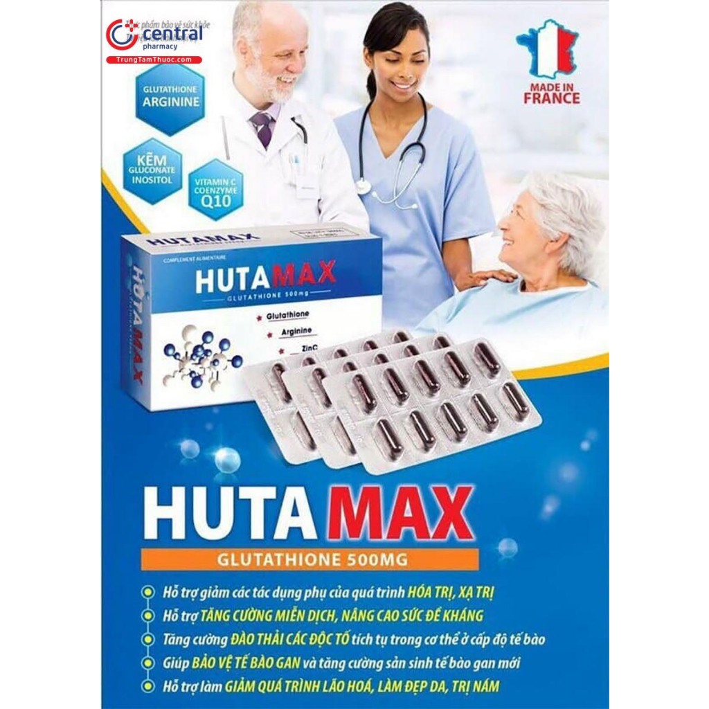 HutaMax Glutathione 500mg Viên Uống Giúp Chống Oxy Hoá, Tăng Chất Lương Tinh Trùng, Tăng Đề Kháng, Chống Lão Hoá, 30 viê