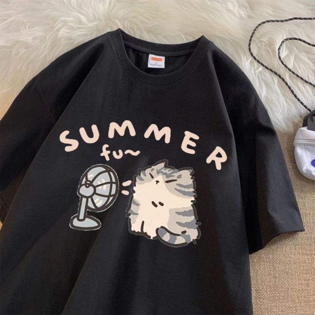 Áo Thun HappyTee - Áo Form Rộng Summer Fan chú Mèo Dễ thương Chất vải cotton 100 cao cấp - Màu Kem Đen