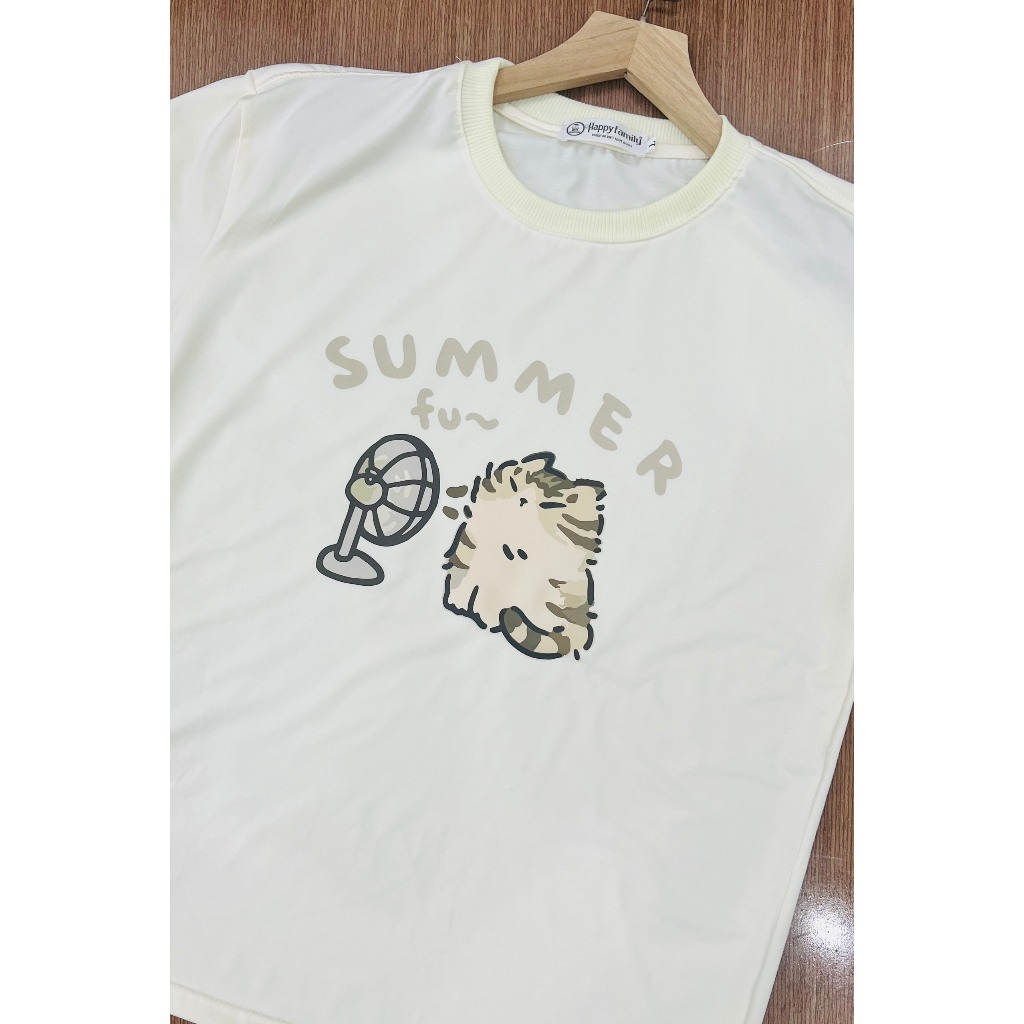 Áo Thun HappyTee - Áo Form Rộng Summer Fan chú Mèo Dễ thương Chất vải cotton 100 cao cấp - Màu Kem Đen