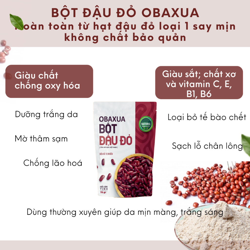 Bột Đậu Đỏ Nguyên Chất OBAXUA cho làn da mềm mại & rạng rỡ túi 75Gr