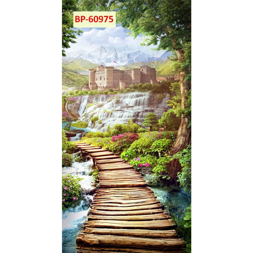 Tranh vải lụa kim sa 3D dày dặn, con đường thác nước thiên nhiên. KHỔ DỌC...