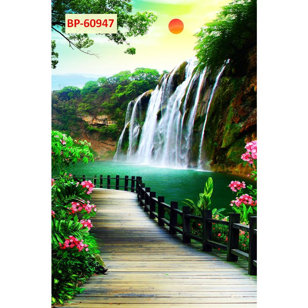Tranh vải lụa kim sa 3D dày dặn, con đường thác nước thiên nhiên. KHỔ DỌC...