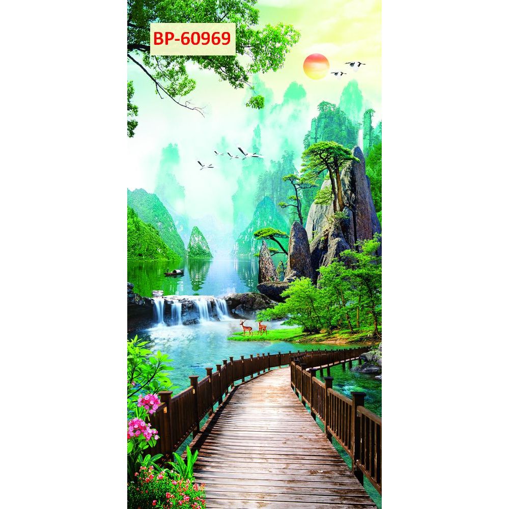 Tranh vải lụa kim sa 3D dày dặn, con đường thác nước thiên nhiên. KHỔ DỌC...