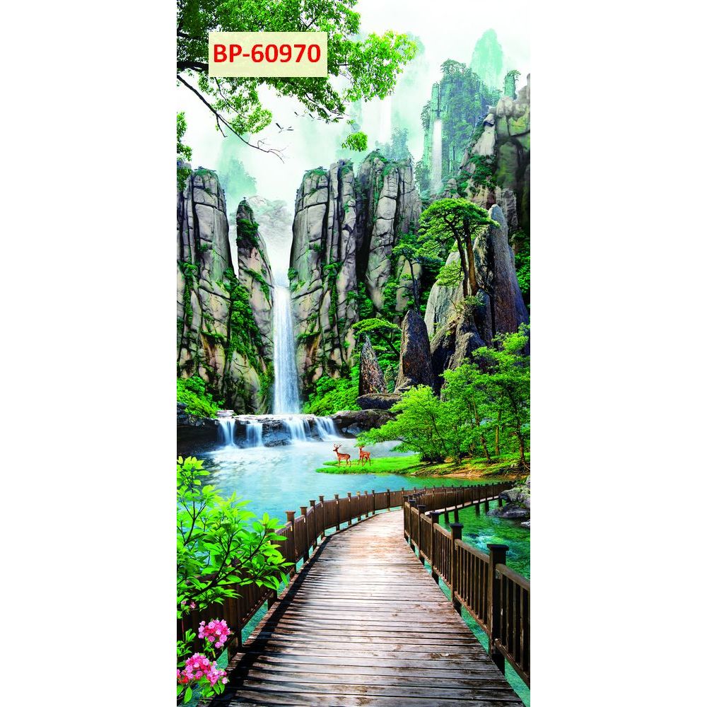 Tranh vải lụa kim sa 3D dày dặn, con đường thác nước thiên nhiên. KHỔ DỌC...