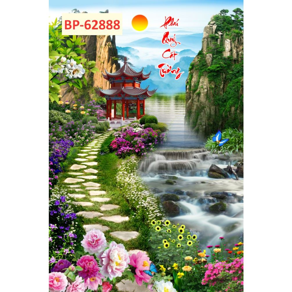 Tranh vải lụa kim sa 3D dày dặn, con đường thác nước thiên nhiên. KHỔ DỌC...