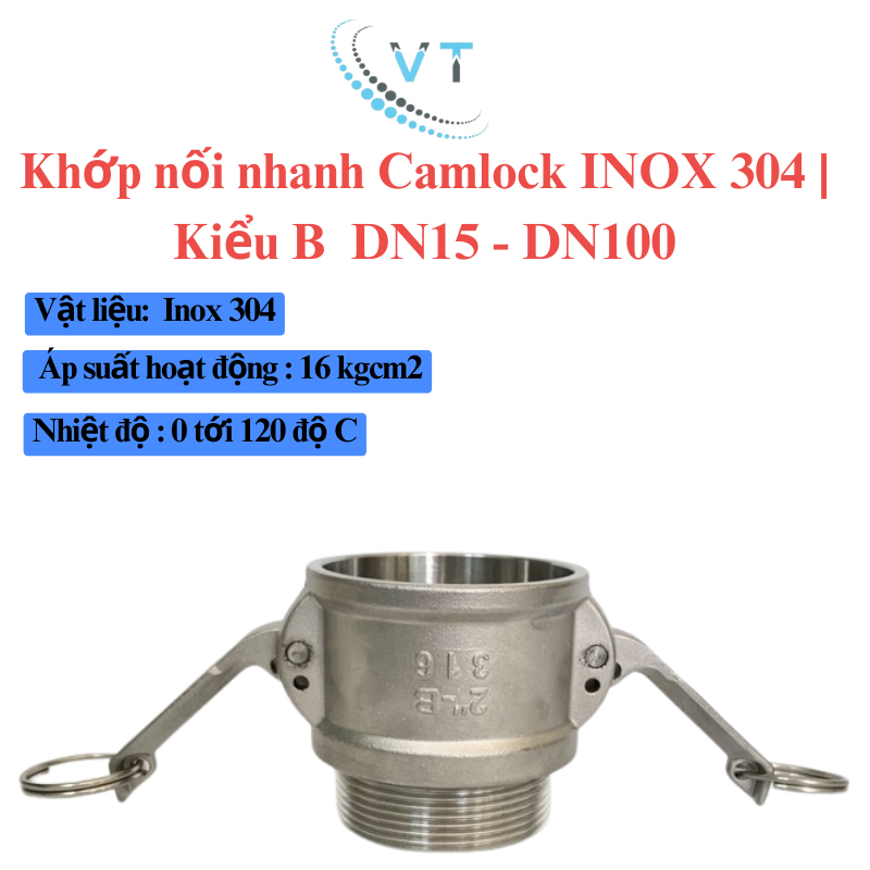 Khớp nối nhanh Camlock INOX 304 Kiểu B DN40 - DN100