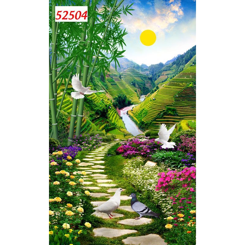 Tranh dán tường chất liệu vải lụa 3D cao cấp, rừng tre trúc xanh tươi, mát mẻ....