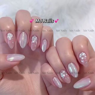 (Tặng hộp nail, keo MxBon) Nail Box Thiết Kế 10 Móng Úp Hồng Tráng Gương Nhũ Giấy M76 Mơ Nails