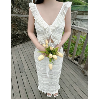Set Váy Đầm Ren Áo Croptop Mix Chân Váy Dài Ôm Body Sang Chảnh