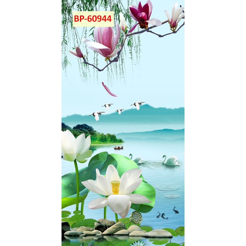 Tranh dán tường lụa kim sa cao cấp KHỔ ĐỨNG, hồ sen thác nước...