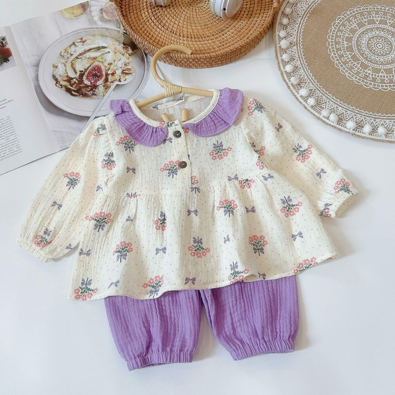 Đồ Dài Tay Cho Bé Gái Vải Xô Muslin Kiểu Dáng Cổ Sen Bèo Tiệm Nhà Bơ Cho Bé 6-16kg