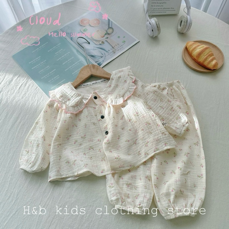 Đồ Dài Tay Cho Bé Gái Vải Xô Muslin Kiểu Dáng Cổ Sen Bèo Tiệm Nhà Bơ Cho Bé 6-16kg