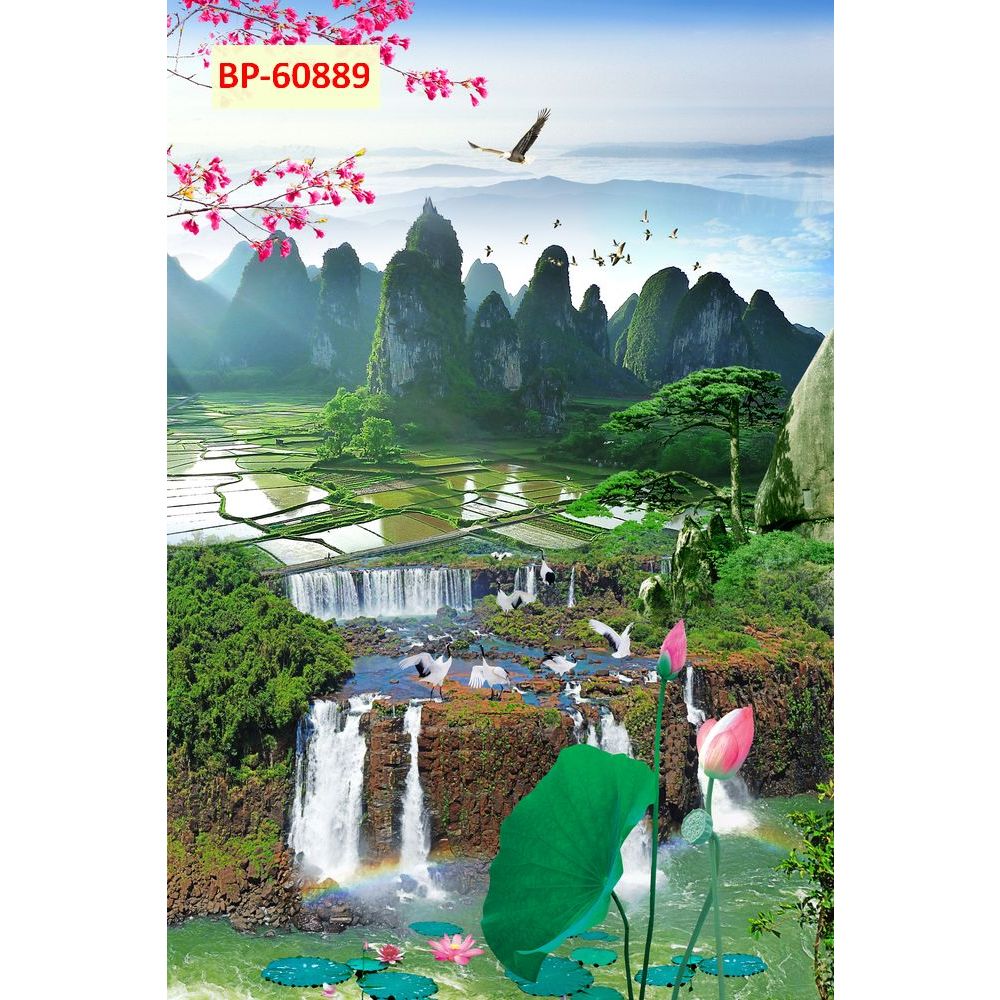 Tranh Lụa Dán Tường Hồ Sen Thác Nước Sơn Thủy, in vải lụa 3D dày dặn...