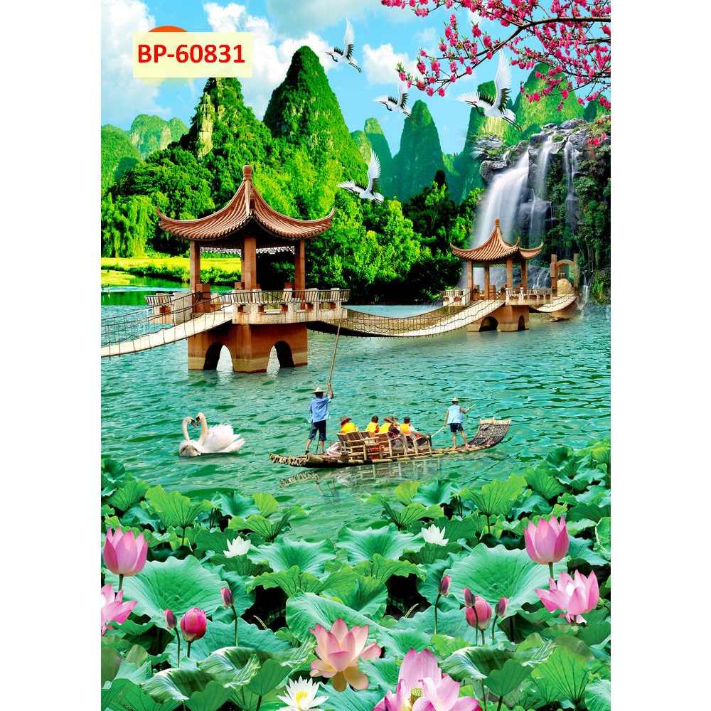 Tranh Lụa Dán Tường Hồ Sen Thác Nước Sơn Thủy, in vải lụa 3D dày dặn...