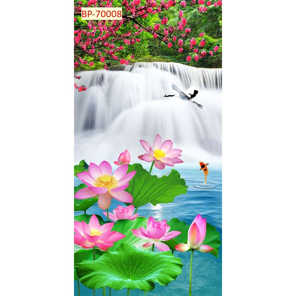 Tranh Lụa Dán Tường Hồ Sen Thác Nước Sơn Thủy, in vải lụa 3D dày dặn...