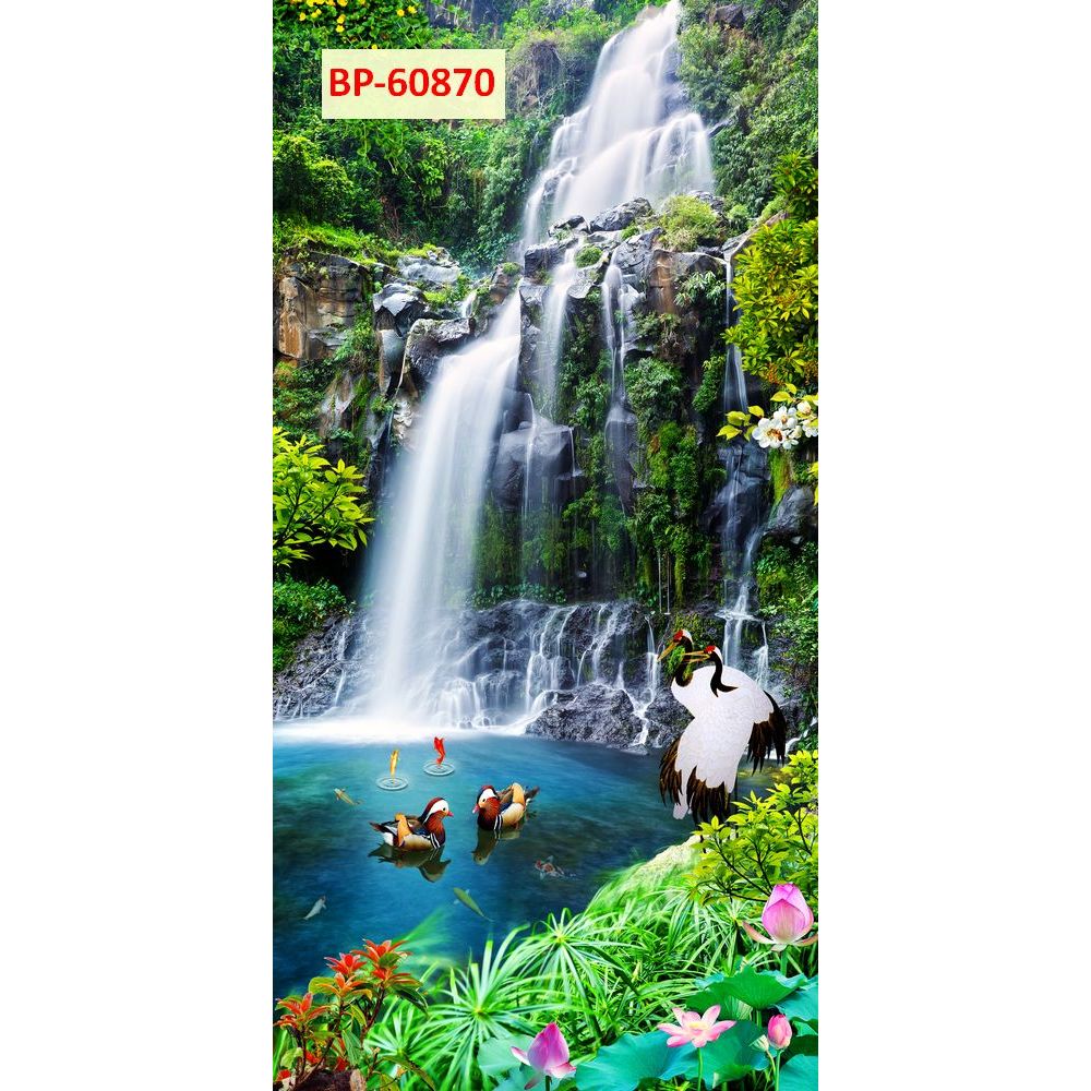 Tranh Lụa Dán Tường Hồ Sen Thác Nước Sơn Thủy, in vải lụa 3D dày dặn...