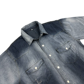 Set Sơmi Jeans Nam Nữ Tay Ngắn - Màu Wash Khói Phối Rách - Chất Vải Jeans Dầy Dặn