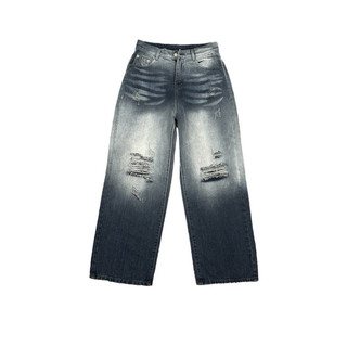 Set Sơmi Jeans Nam Nữ Tay Ngắn - Màu Wash Khói Phối Rách - Chất Vải Jeans Dầy Dặn