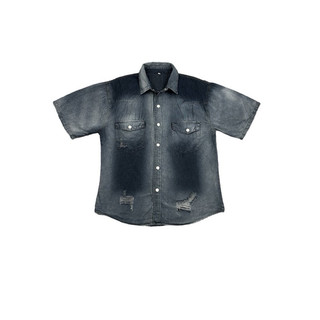 Set Sơmi Jeans Nam Nữ Tay Ngắn - Màu Wash Khói Phối Rách - Chất Vải Jeans Dầy Dặn