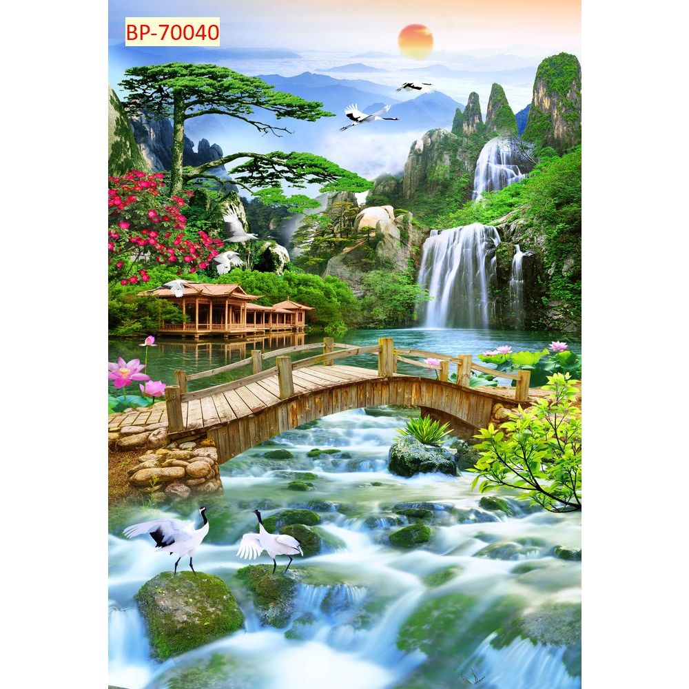 Tranh lụa dán tường 3D cao cấp trang trí phòng khách CÓ KEO DÁN + DỤNG CỤ DÁN ĐẦY ĐỦ...