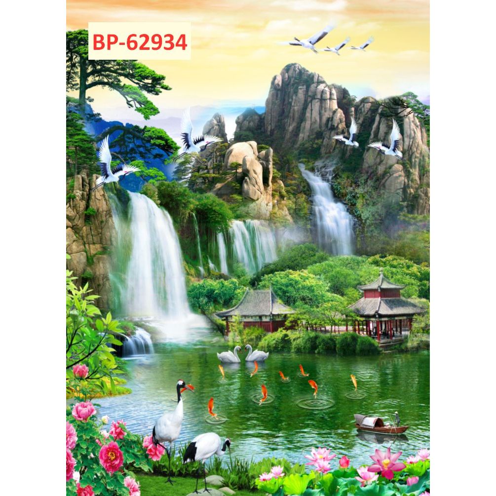 Tranh 3D Thác Nước. Vải Lụa Kim Sa Cao Cấp...
