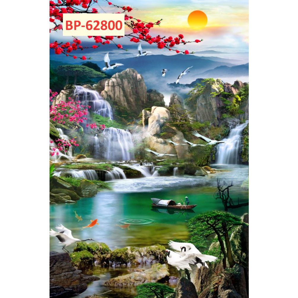 Tranh 3D Thác Nước. Vải Lụa Kim Sa Cao Cấp...