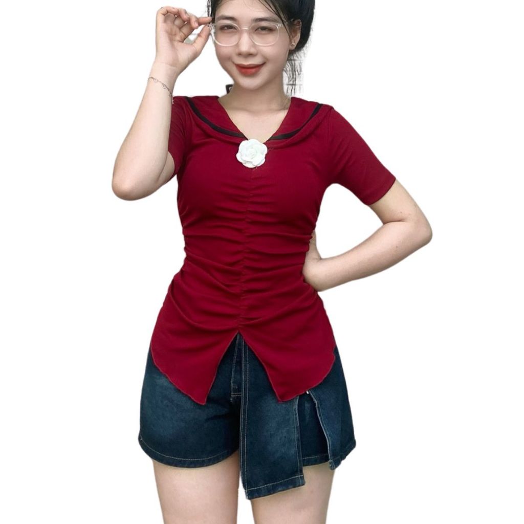 Áo Thun Nữ Bigsize Cổ V Cài Hoa ESHOP Áo Kiểu Nữ Ôm Nhún Trước Áo Phong Thời Trang Ao Tay Ngắn MS237