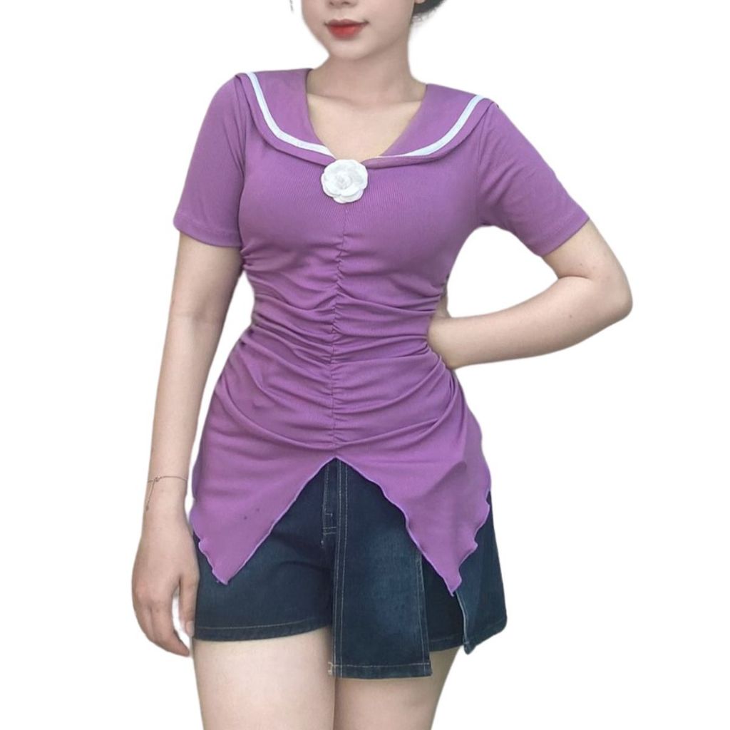 Áo Thun Nữ Bigsize Cổ V Cài Hoa ESHOP Áo Kiểu Nữ Ôm Nhún Trước Áo Phong Thời Trang Ao Tay Ngắn MS237