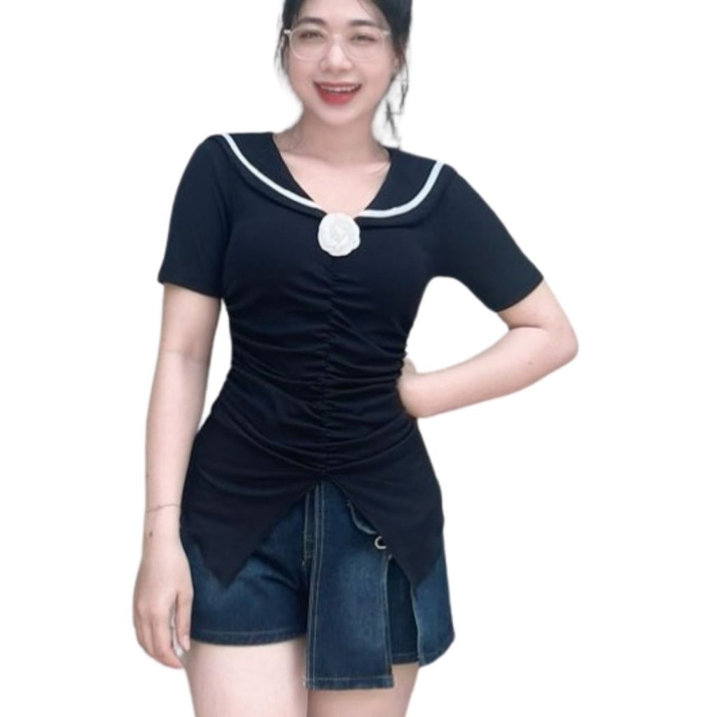 Áo Thun Nữ Bigsize Cổ V Cài Hoa ESHOP Áo Kiểu Nữ Ôm Nhún Trước Áo Phong Thời Trang Ao Tay Ngắn MS237