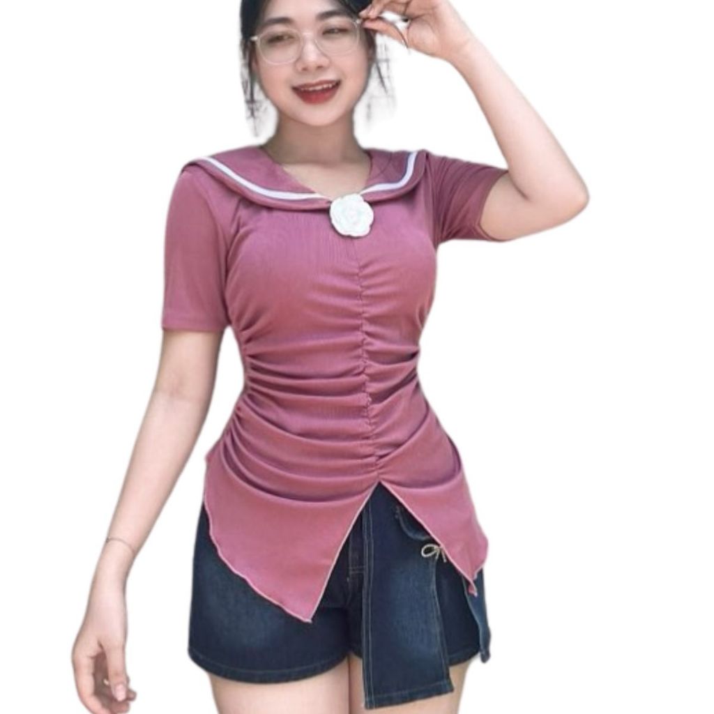 Áo Thun Nữ Bigsize Cổ V Cài Hoa ESHOP Áo Kiểu Nữ Ôm Nhún Trước Áo Phong Thời Trang Ao Tay Ngắn MS237
