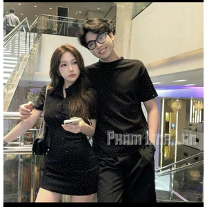 SS-04 Set Đôi Couple Nam Nữ Đính Đá blinh blinh Chất Mì Nỉ áo phông nam váy nữ dáng body siêu xinh