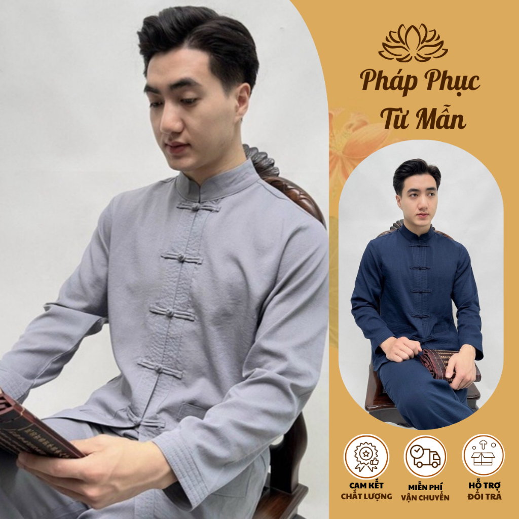 Pháp phục đi chùa nam dài tay vải đũi Bộ đồ đi chùa nam cổ tàu Đồ lam đi chùa nam mặc lễ tết đũi mềm mát